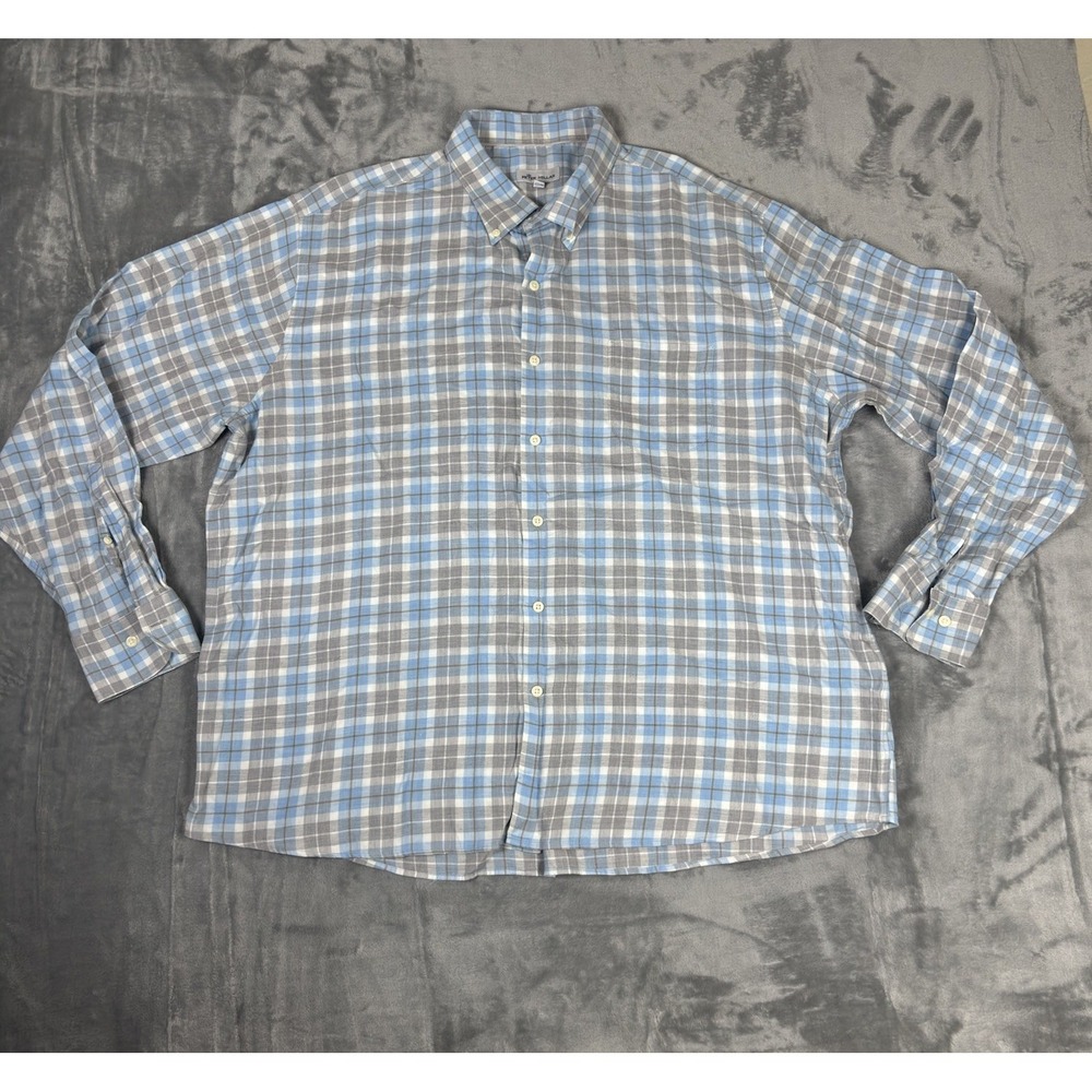 Peter Millar Button Down Shirt Mens XXL Blue Plaid Long Sleeve Cotton Casual